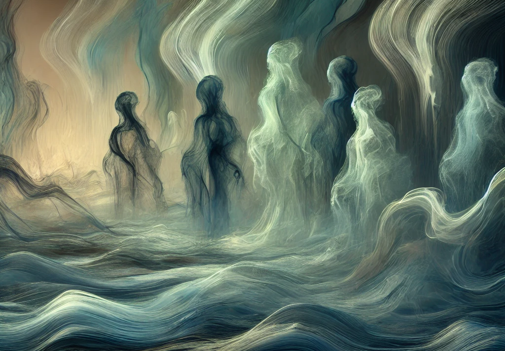 Abstract image of ghosts emerging from a swirling ocean.